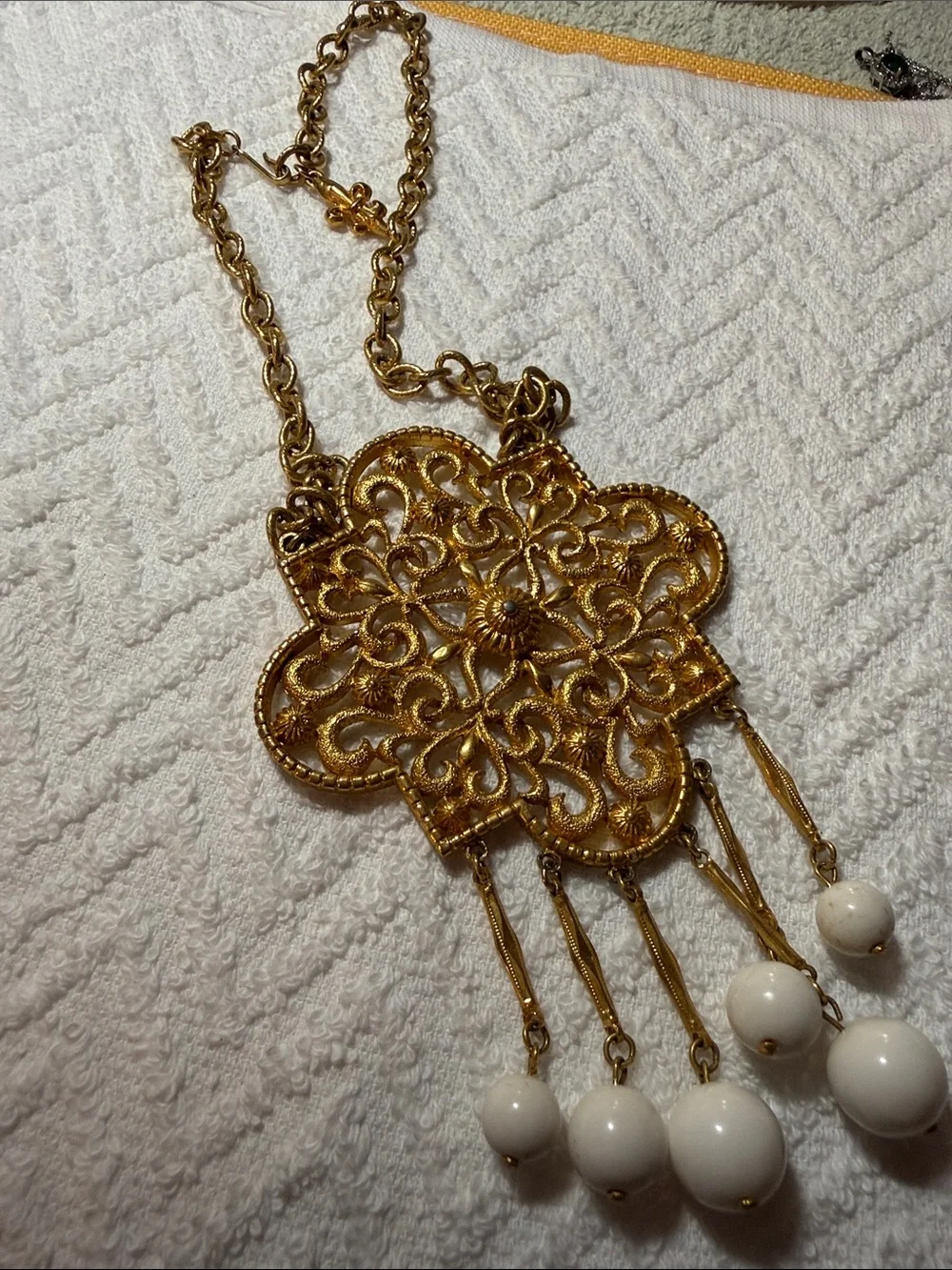 Vintage Vendome Gold Tone Filigree Statement Necklace with White Bead Drops